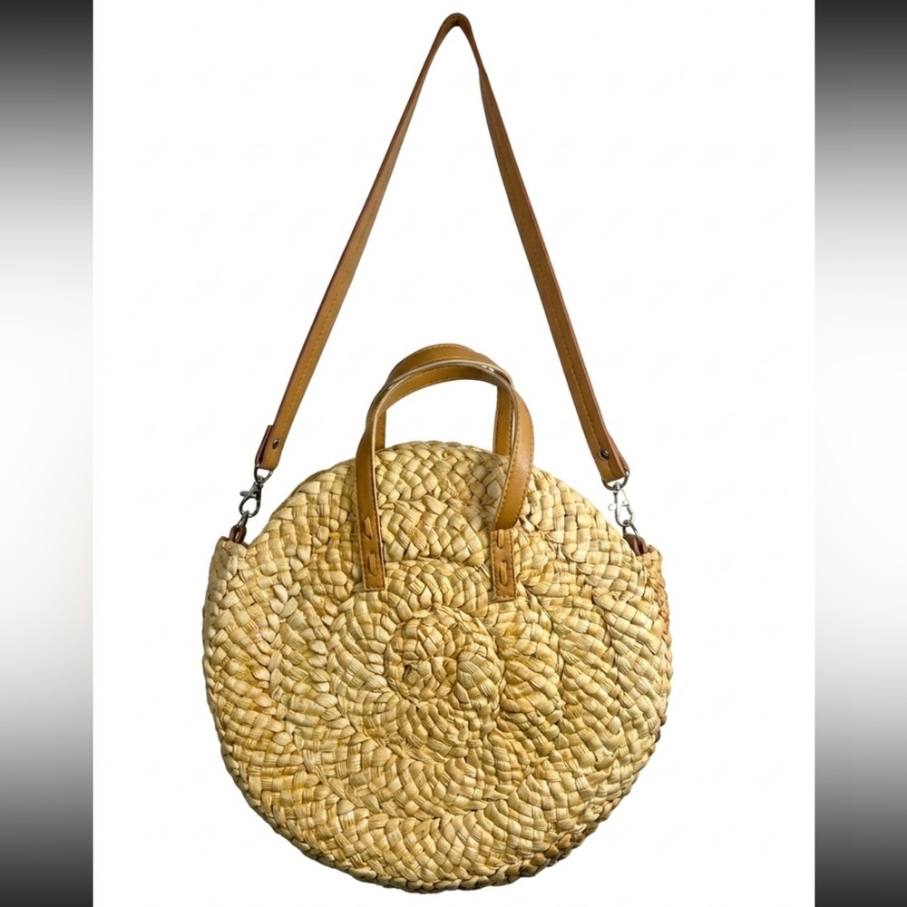 Place & Time Round Woven Straw Bag/Purse with Tan Straps & handles NWT